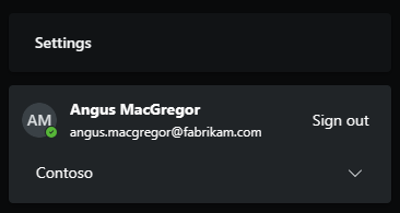 Screenshot showing Fabrikam account switched to the Contoso tenant.