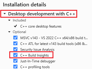 Screenshot of the Visual Studio Installer with the Desktop development with C++ workload selected.