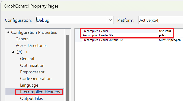 Screenshot of the project properties dialog with the Precompiled Headers settings open.