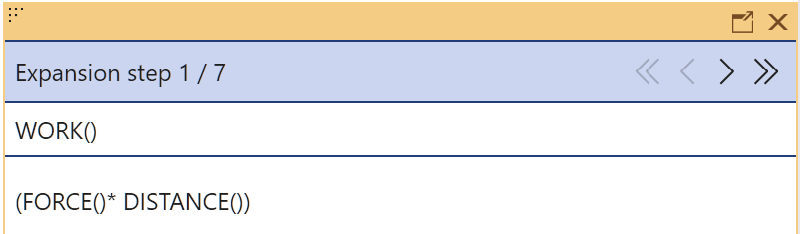 Screenshot of the macro expansion window, which allows you to step through the WORK macro expansion one step at a time.