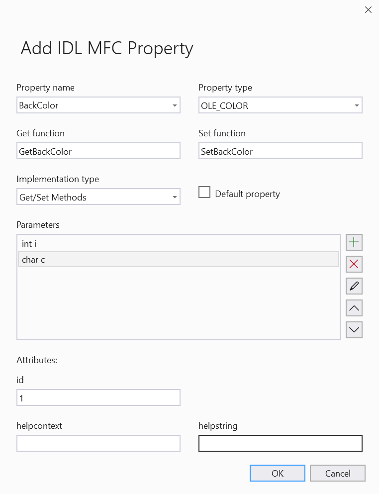 Screenshot of Add IDL MFC Property with two parameters: int i and char c. Property type is OLE_COLOR.