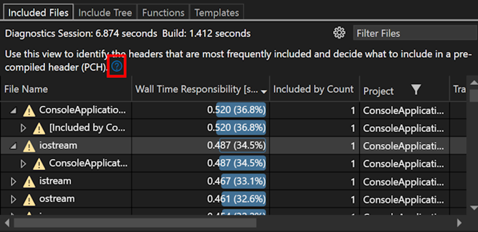 A screenshot of the Build Insights window with the view explanations button (a question mark in a circle) highlighted.