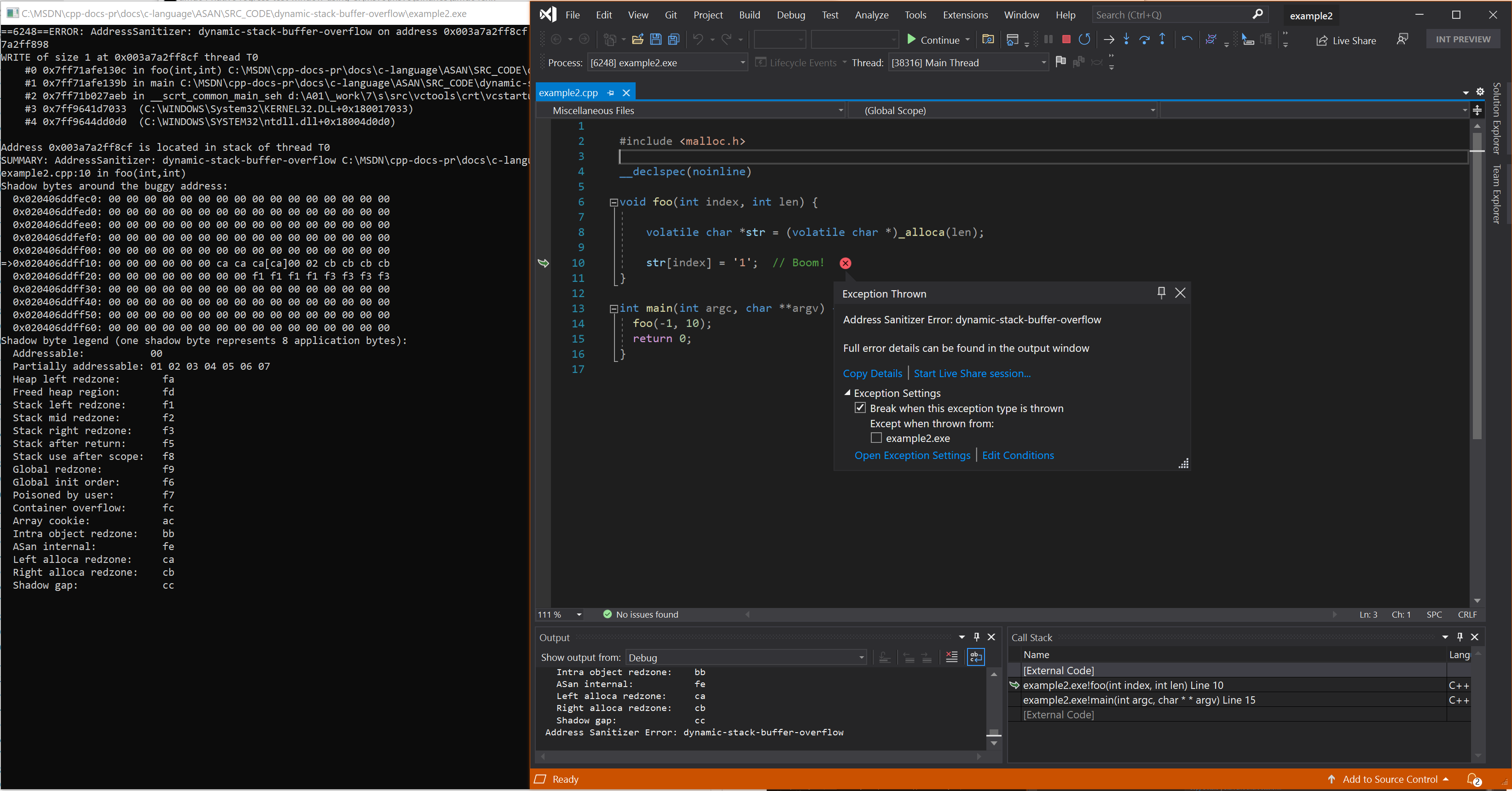 Screenshot of debugger displaying dynamic-stack-buffer-overflow error in example 2.