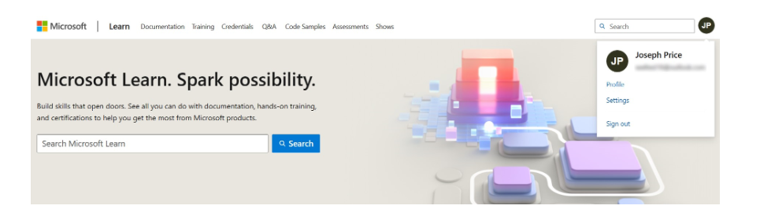 Microsoft Learn web page showing dropdown menu from Learn profile photo avatar with Profile selection highlighted.