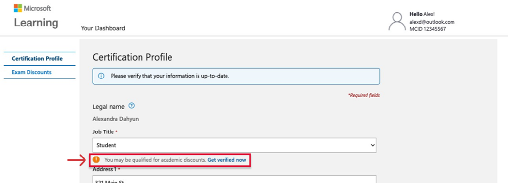 A certification profile highlighting the call to action below the job title field: You may be qualified for academic discounts. Get verified now
