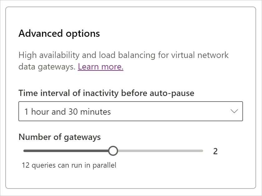 Screenshot of the VNet gateway advanced options, with the Time interval set to 1 hour 30 minutes and the number of gateways set to 2.