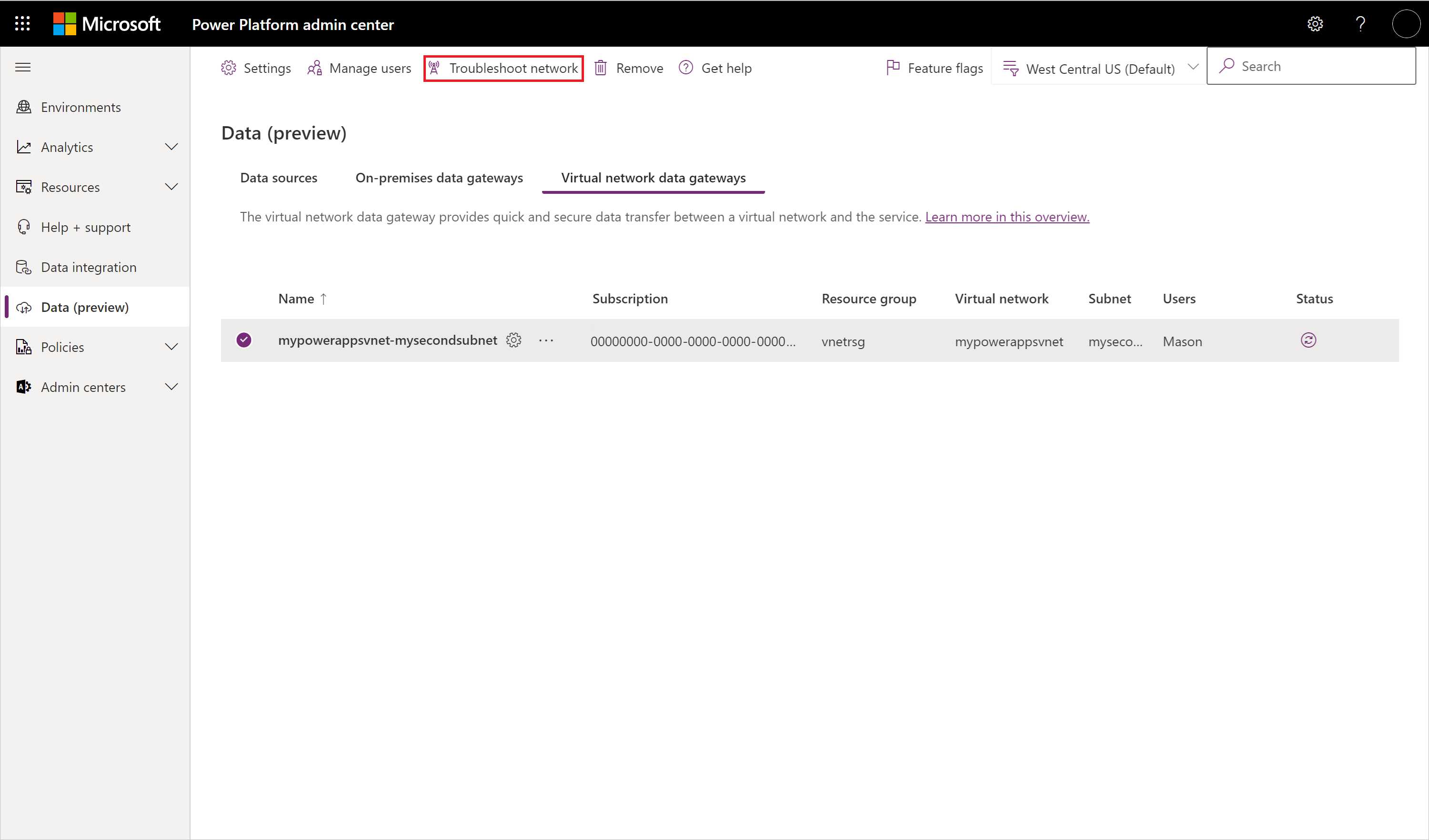 Image of the Power Query admin center with Data (preview) menu item open, a gateway selected, and the Troubleshoot network selection emphasized.](media/troubleshoot-data-gateway/troubleshoot-network.png)