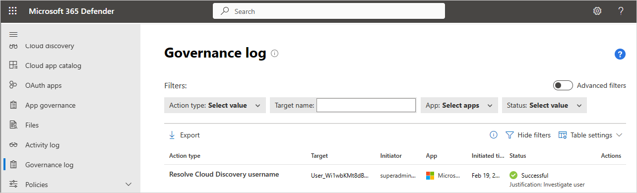 Anonymization action in governance log.