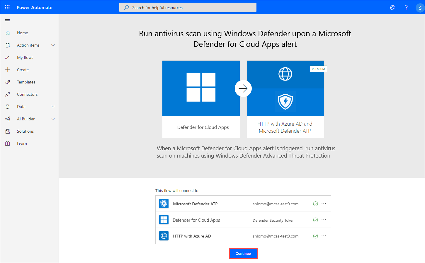 Screenshot of the templates Power Automate window, showing the completed actions and continue button.