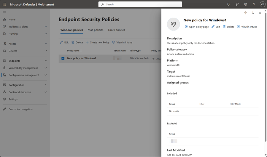 Screenshot of the editing pane for endpoint security policies page in multitenant management in Microsoft Defender XDR.