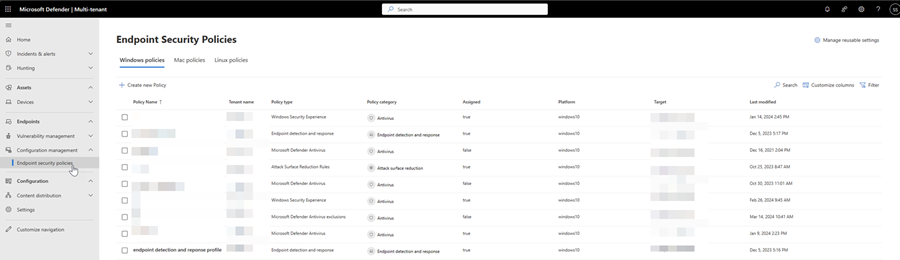 Screenshot of the endpoint security policies page in multitenant management in Microsoft Defender XDR.