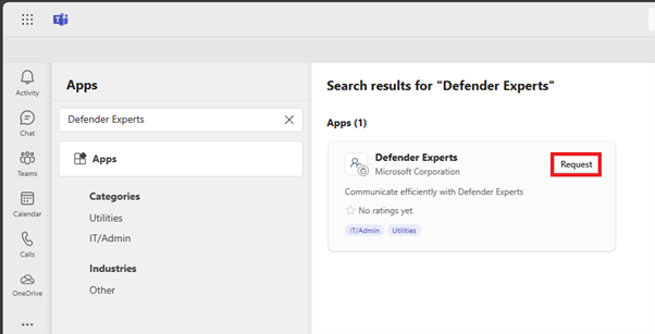 Screenshot to request Defender Experts app in Microsoft Teams.