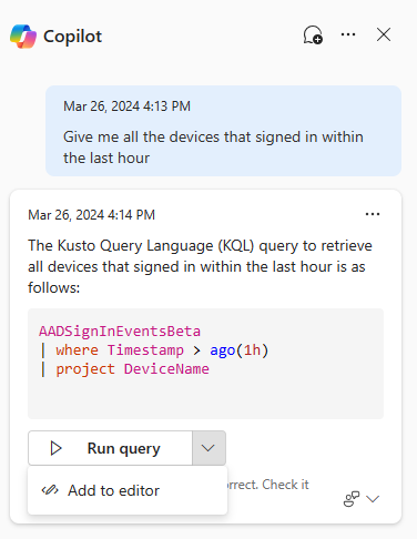Screenshot of Copilot for Security in advanced hunting showing the Add to editor option.