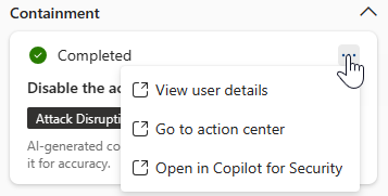 Screenshot that shows the options available to users in an automation response card in the Copilot pane in Microsoft Defender XDR.