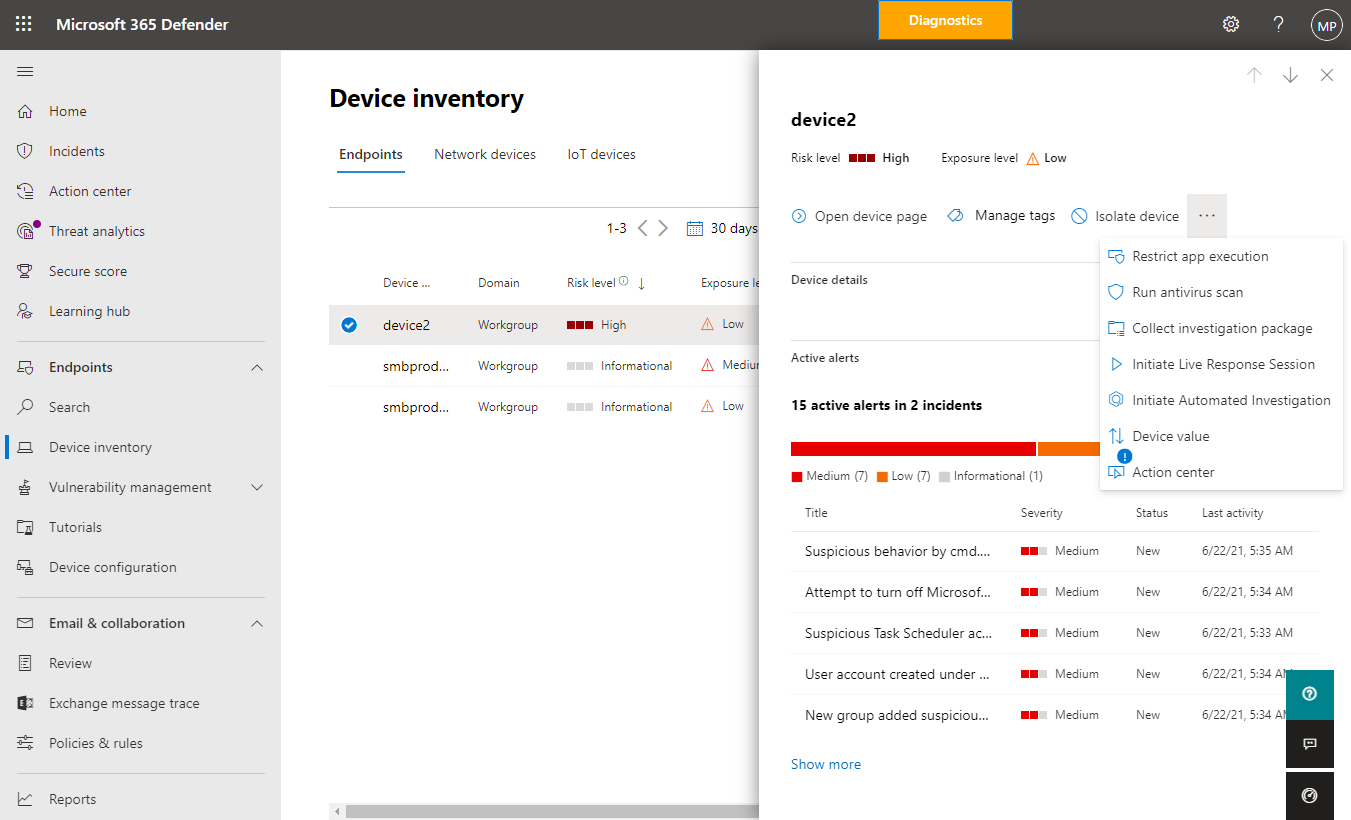 Screenshot of available actions for a selected device