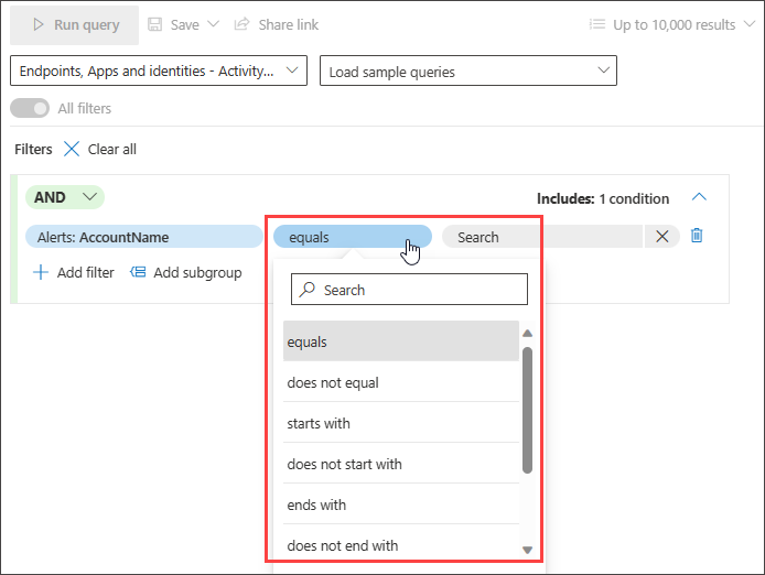 Screenshot showing different conditions you can use