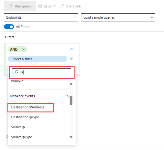 Screenshot of guided mode query builder hunt for successful connections to specific IP first filter