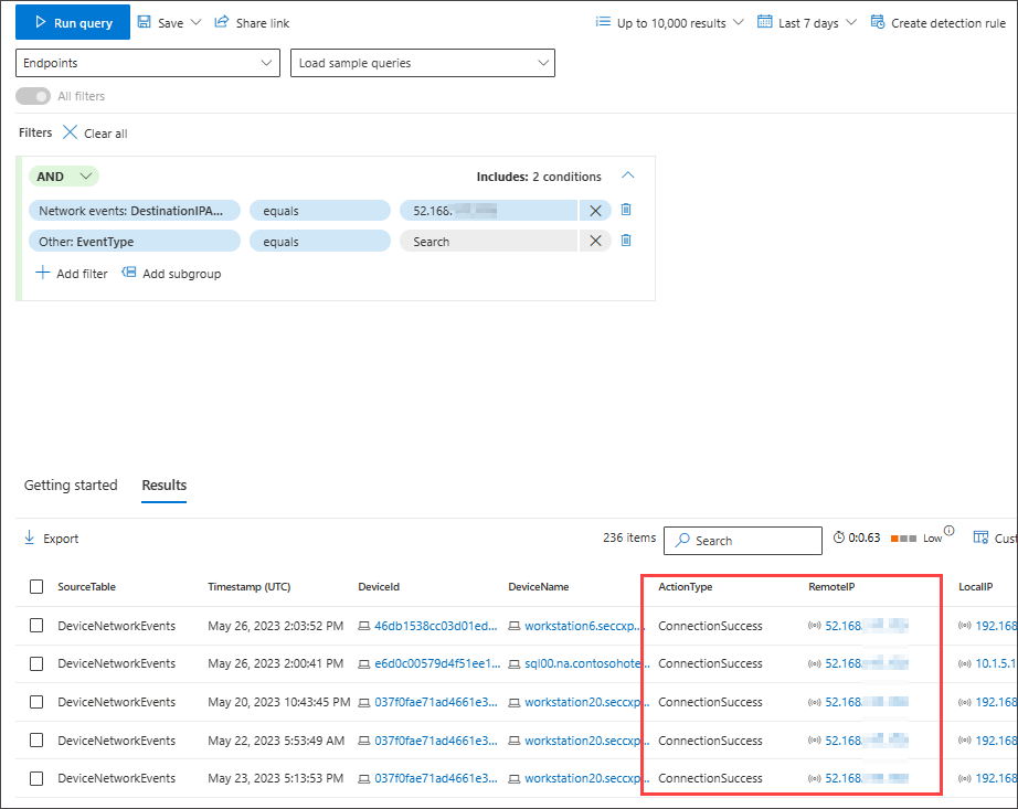 Screenshot of guided mode query builder hunt for successful connections to specific IP results view