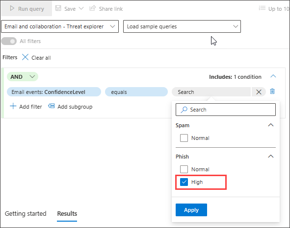 Screenshot of guided mode query builder hunt high confidence phish or spam emails delivered to inbox, first condition