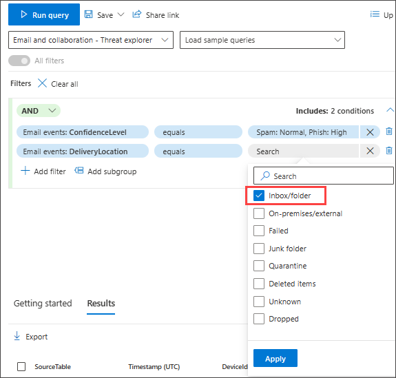 Screenshot of guided mode query builder hunt high confidence phish or spam emails delivered to inbox, second condition
