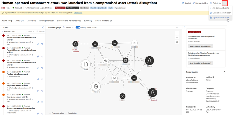 Screenshot highlighting the export incident to PDF option.