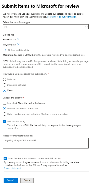 Screenshot showing how to specify a submission type and fill in required fields.