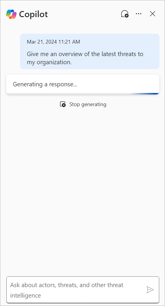 Screenshot that shows the Copilot in Defender generating a response to the prompt "Give me an overview of the latest threats to my organization".