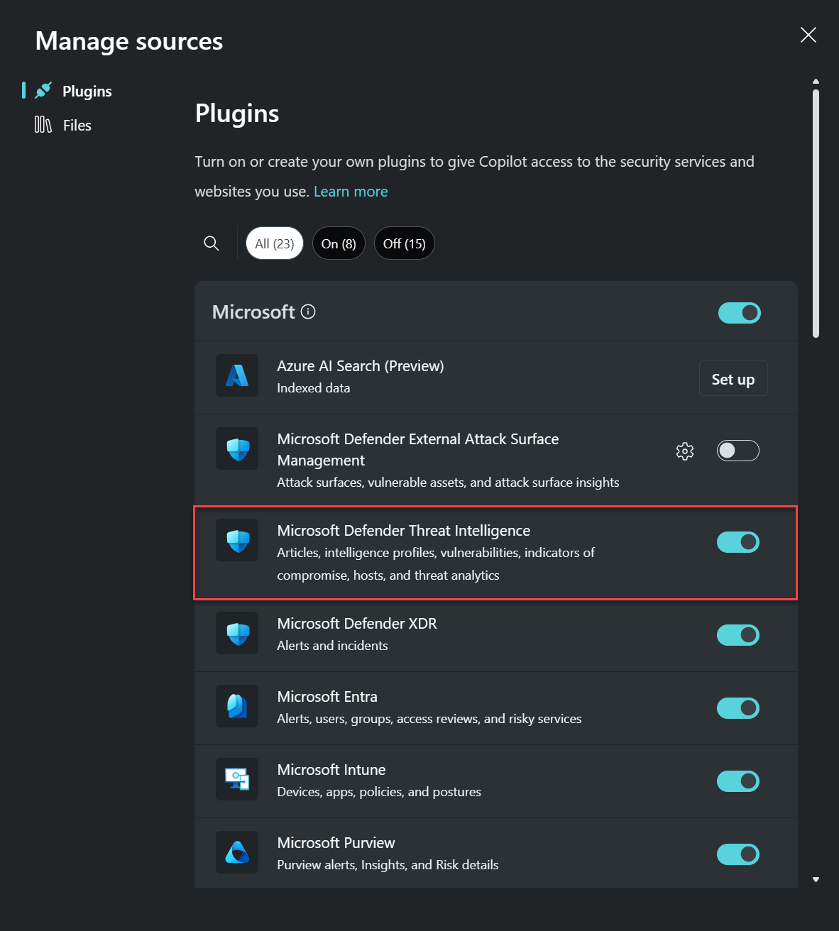 Screenshot of the Manage plugins pop-up window with the Microsoft Defender Threat Intelligence plugin highlighted.