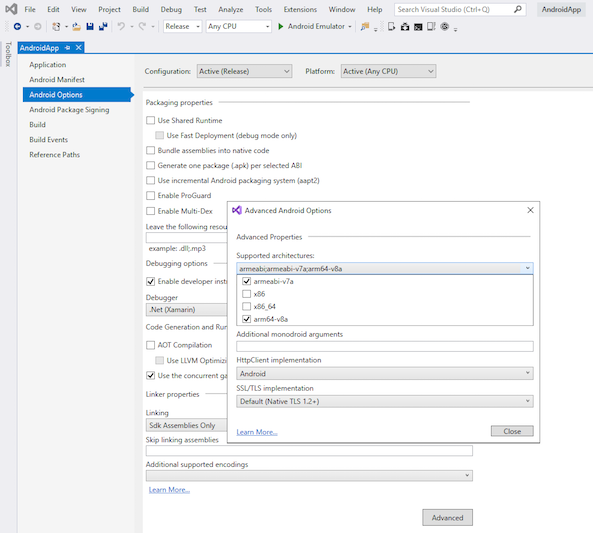 Supported architectures list in the Visual Studio Advanced Android Options window