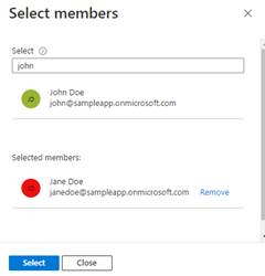 A screenshot showing how to filter for and select the Microsoft Entra group for the app in the Select members dialog box.