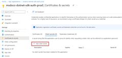 A screenshot showing the location of the link to use to create a new client secret on the certificates and secrets page.