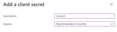 A screenshot showing the page where a new client secret is added for the application service principal created by the app registration process.