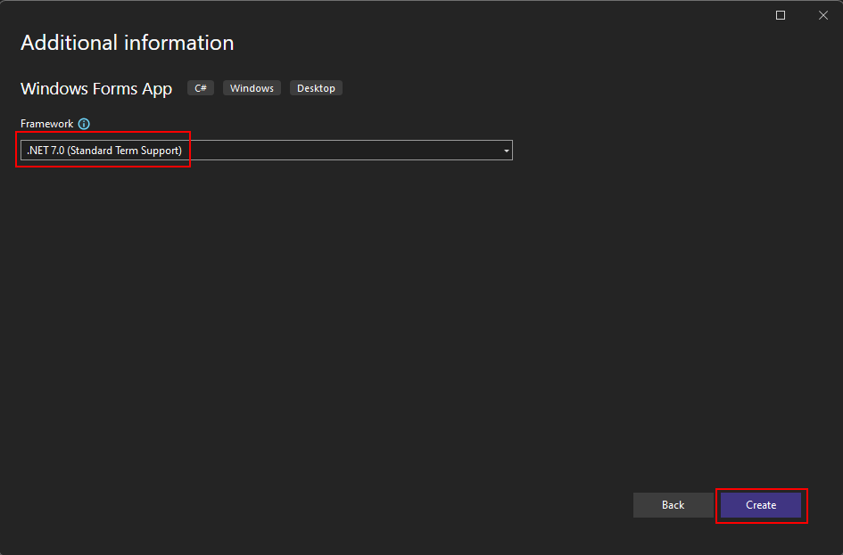 Select the target framework for a Windows Forms project in Visual Studio 2022.