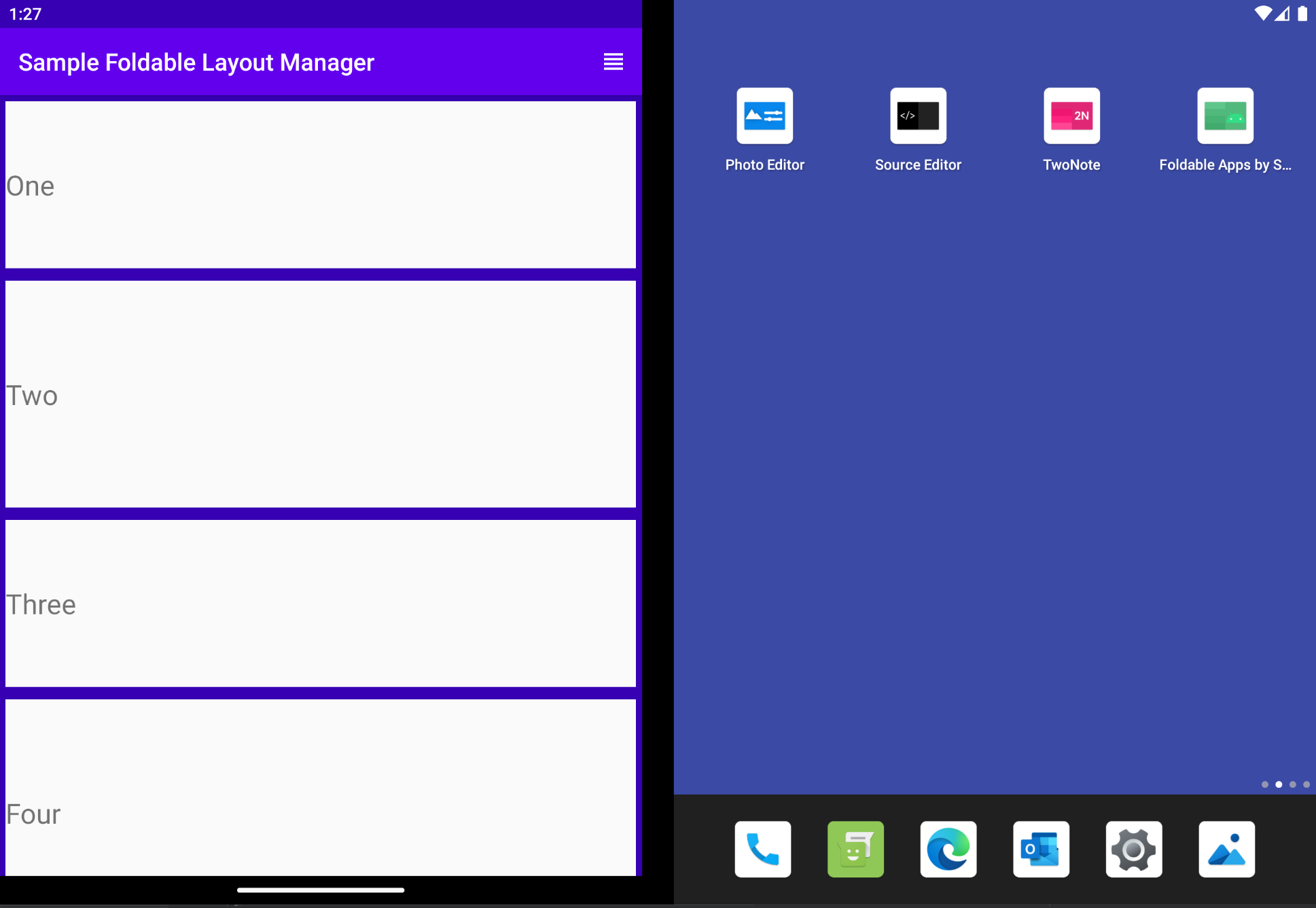 Surface Duo Emulator displaying an application on the left screen with items of variable sizes