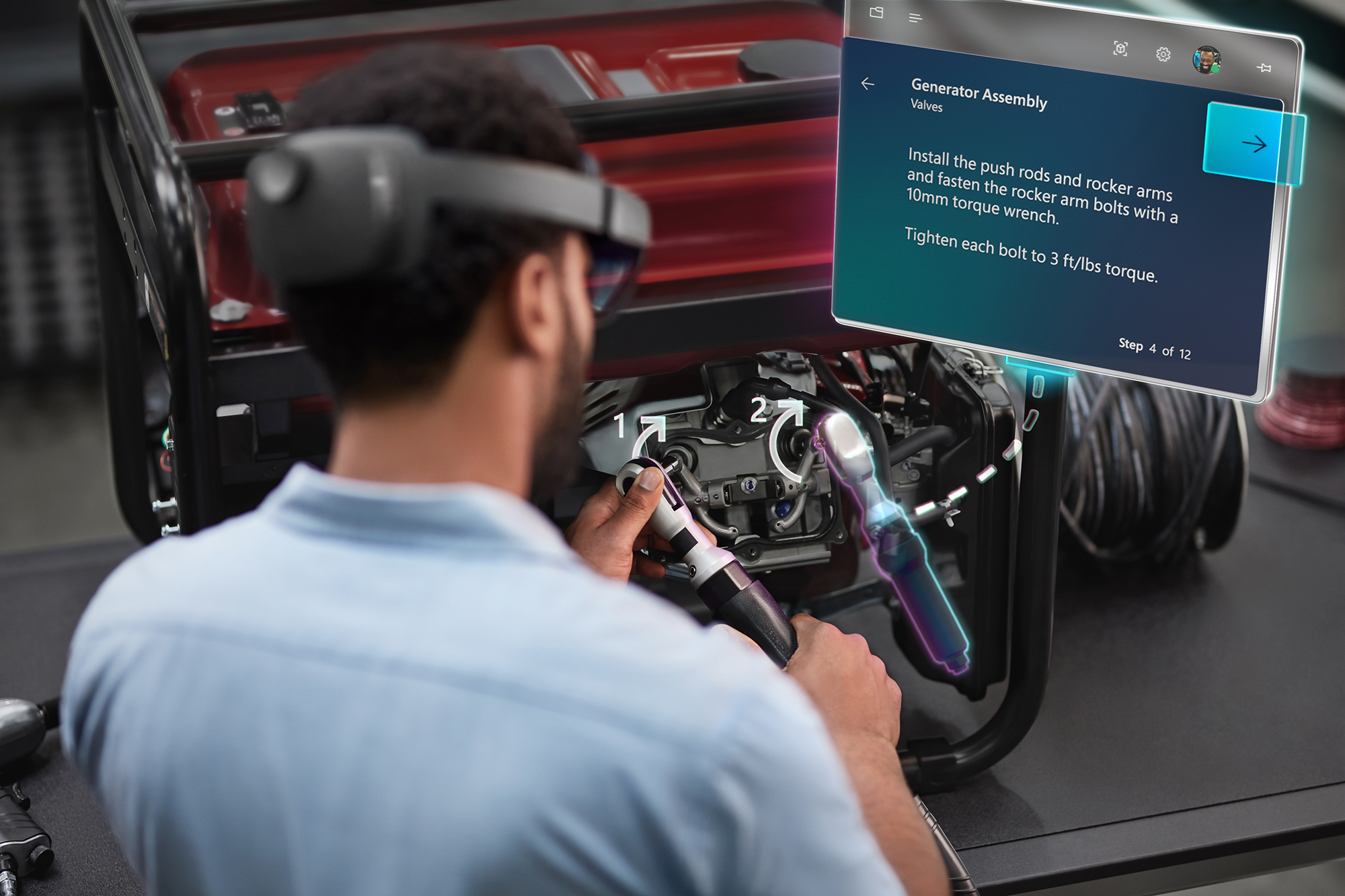 A field technician wearing a HoloLens device, looking at a virtual guide