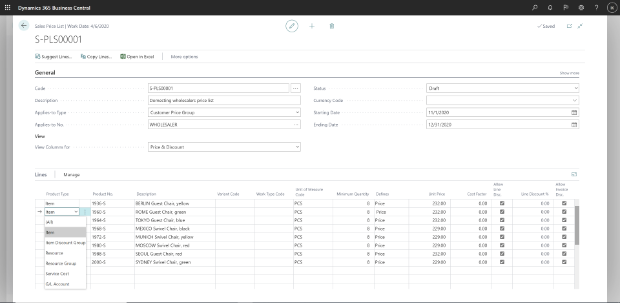 New Sales Price List page