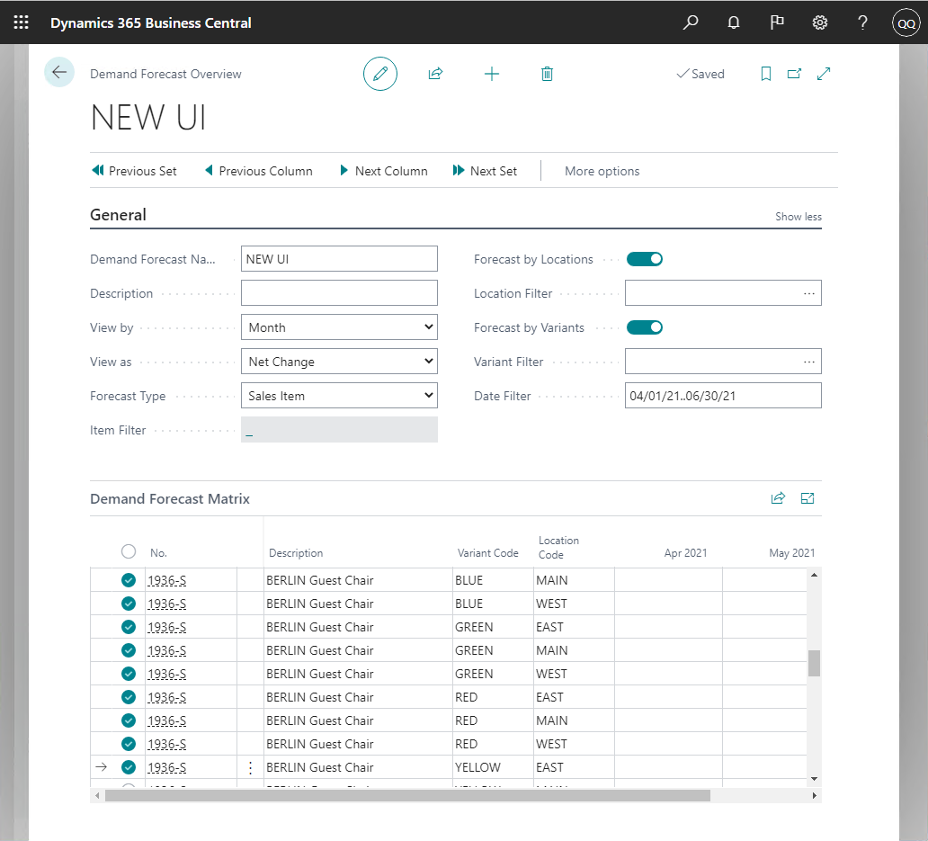 Demand Forecast Overview page with enabled location and variant.