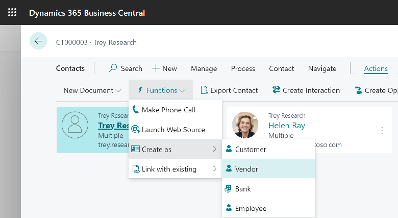 Shows Create as, Vendor functions to create a vendor from contact.