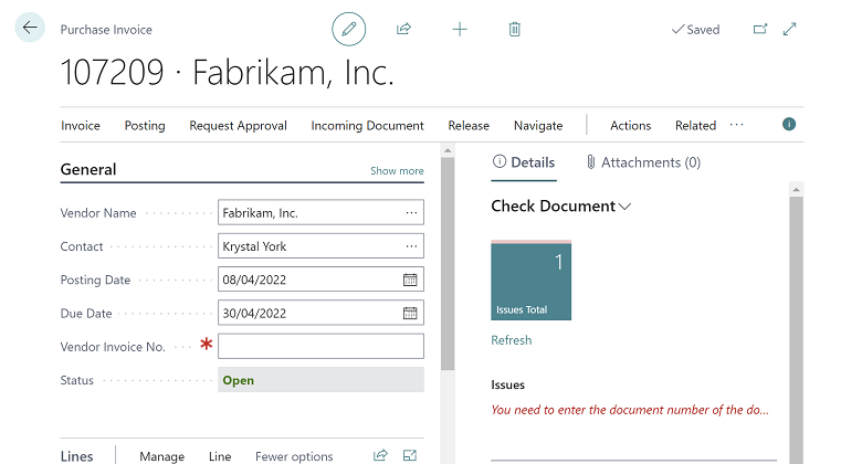 Shows Document Check FactBox on Purchase Invoice.