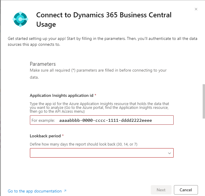 Diagram showing the parameters to connect the Business Central usage app to an Application Insights resource