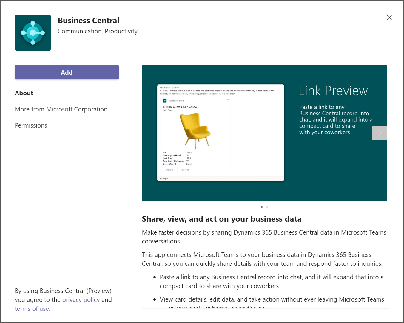 Install Business Central app in Teams.