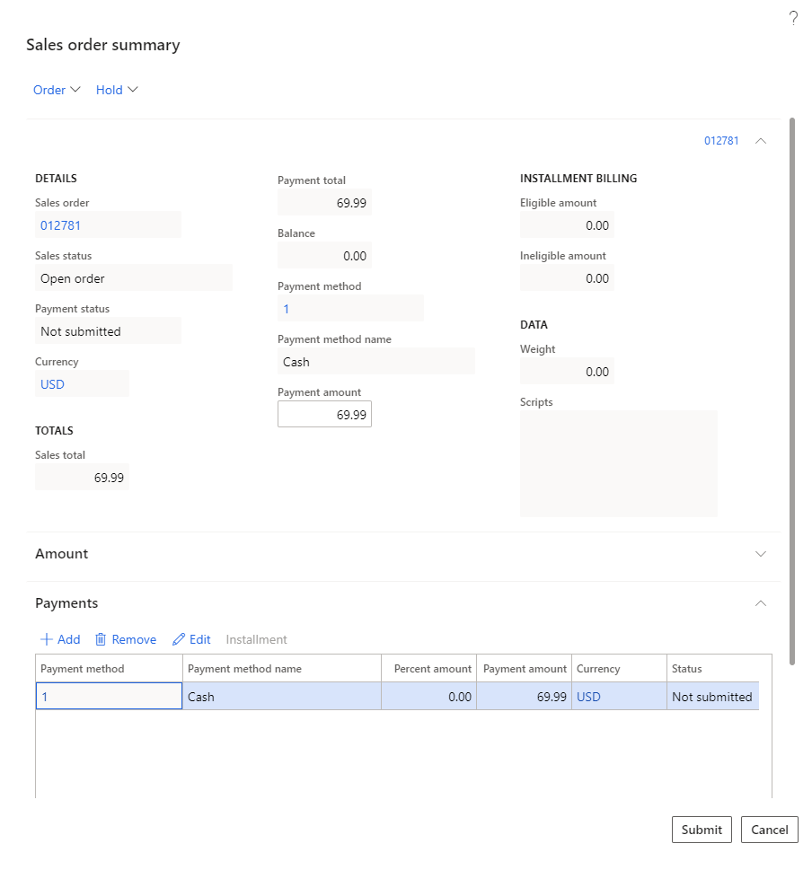 Payments button available for a POS or e-commerce order that was created while the feature was turned on.