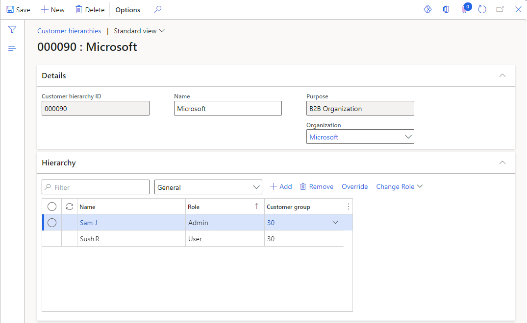 Example of a customer hierarchy record.