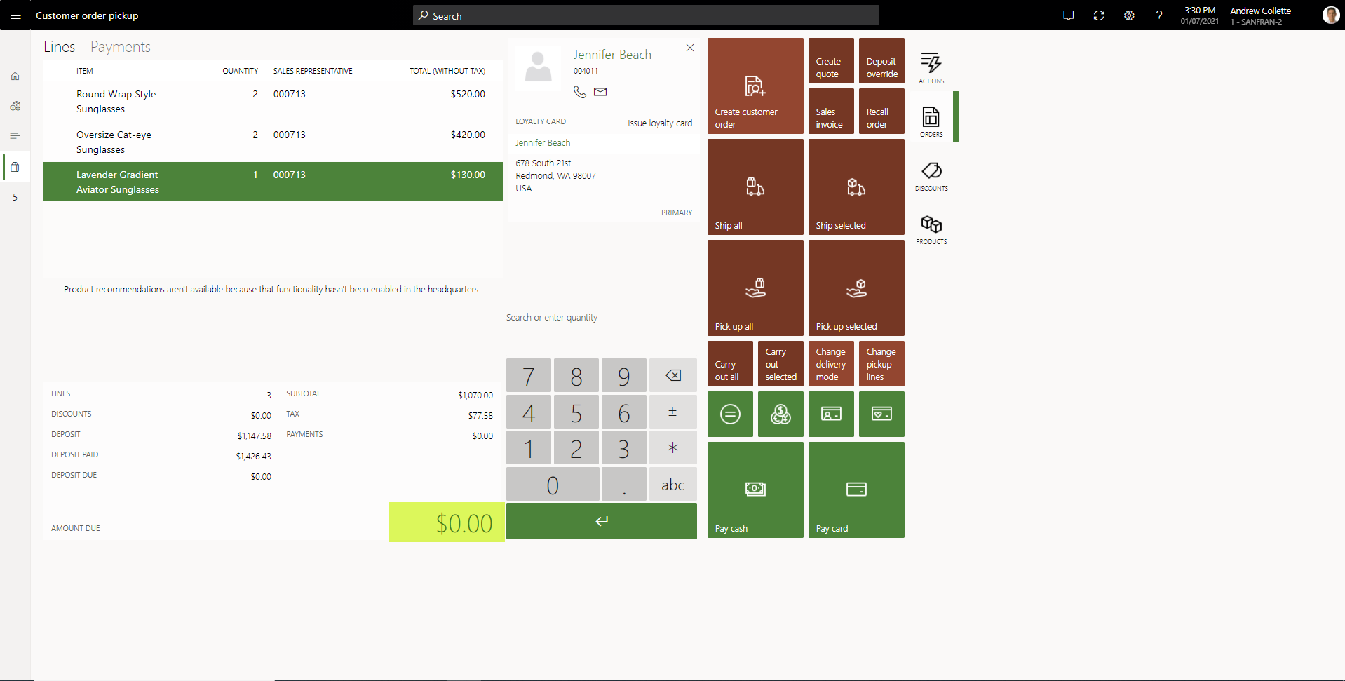 Transaction page for a customer order pickup transaction.