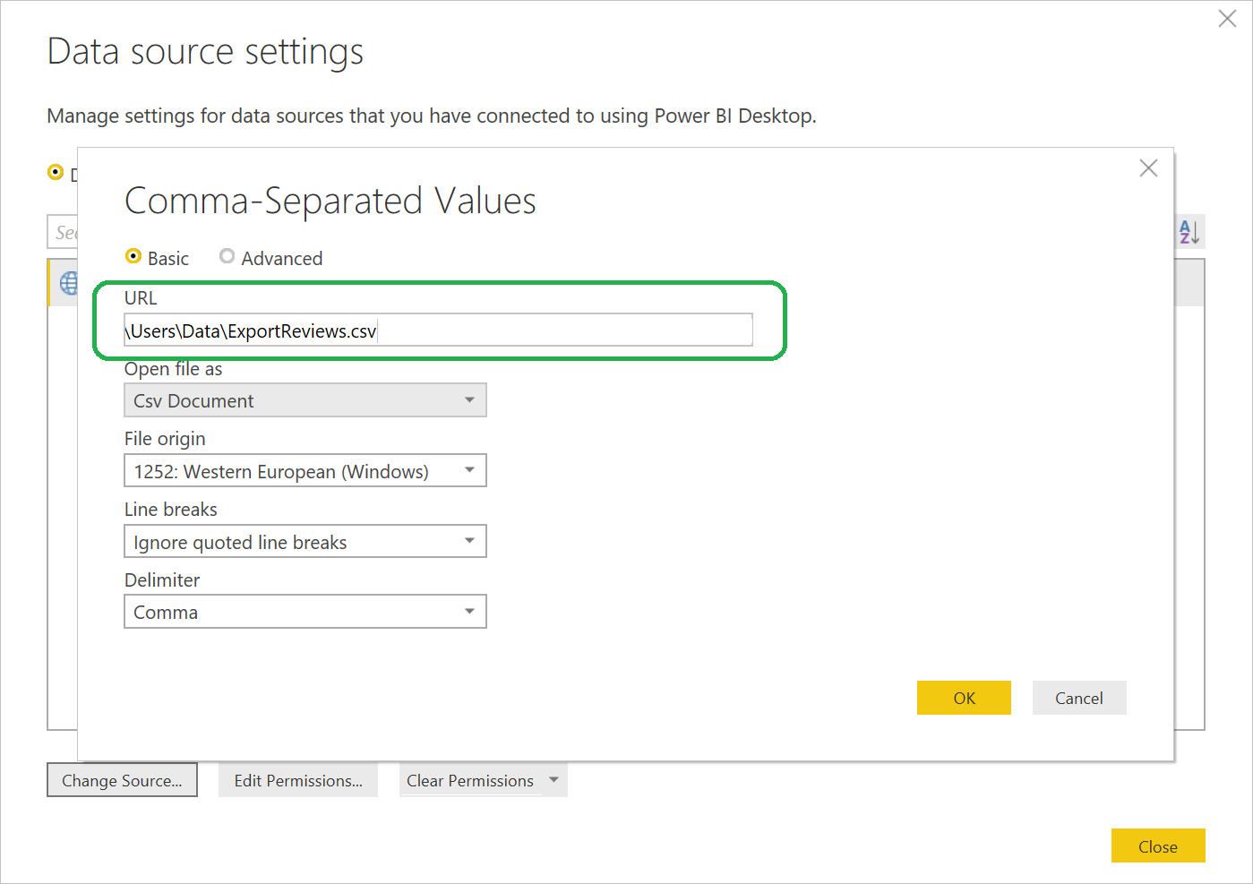 URL field in the Comma-Separated Values dialog box.