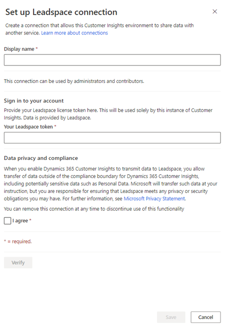 Leadspace connection configuration page.