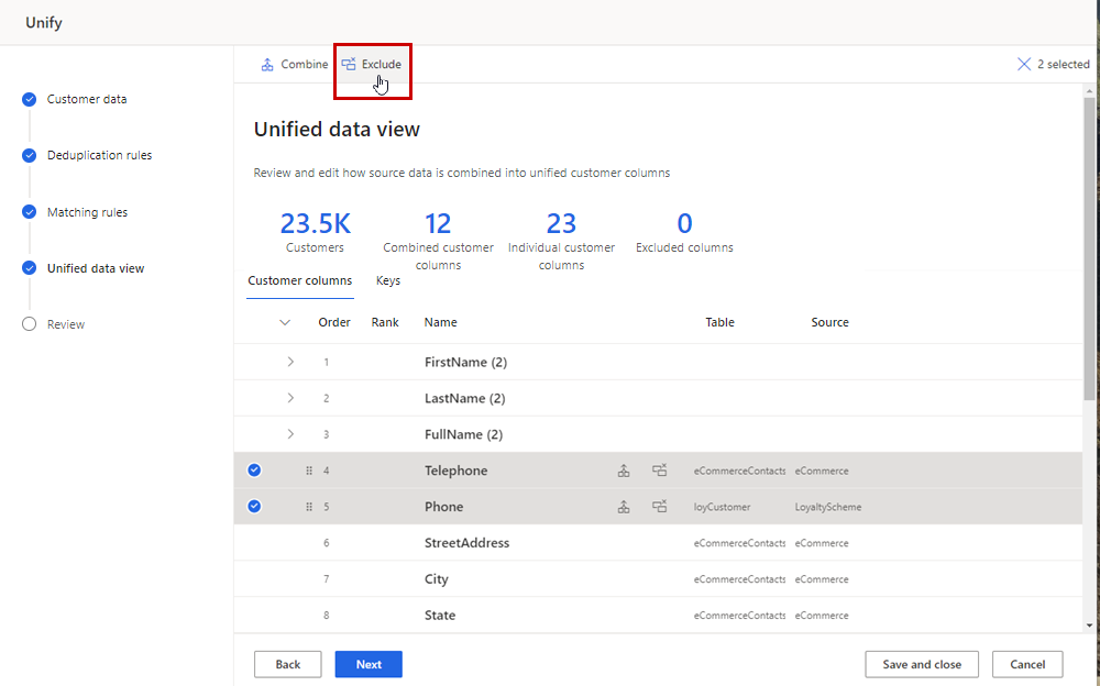 Screenshot of Unified fields page showing selected fields and Exclude button