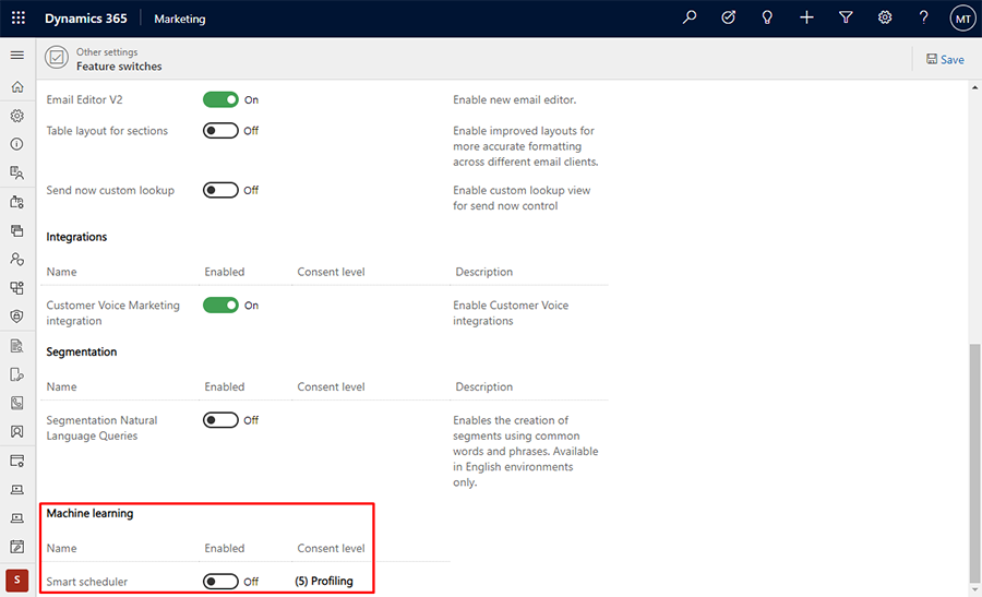 ML feature switches.