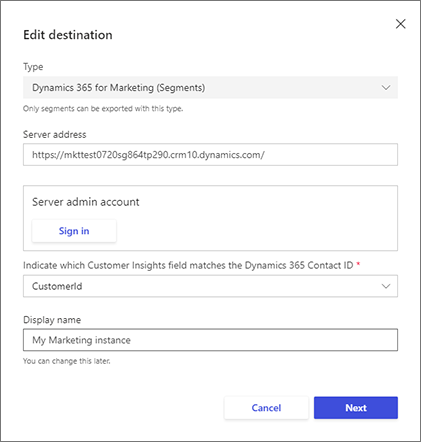 The Edit Destination dialog in Customer Insights - Data.