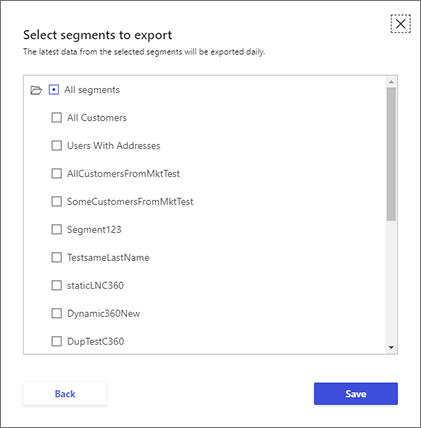 The Select Segments dialog in Customer Insights - Data.